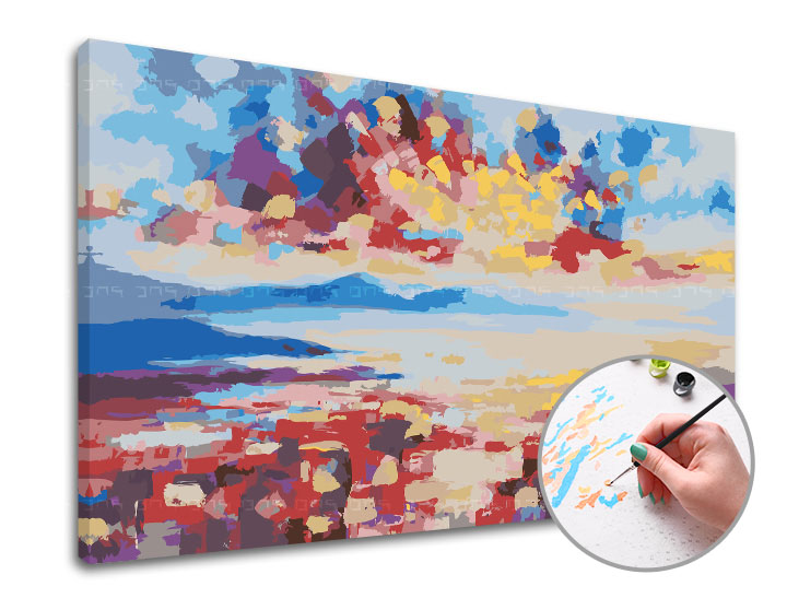 Pikturim sipas numrave PËRËNDIMI DIELLIT PAS MALEVE - Niveli i Mesëm  | 70x40 cm - without frame Pikturim sipas numrave PËRËNDIMI DIELLIT PAS MALEVE - Niveli i Mesëm  | 70x40 cm - without frame